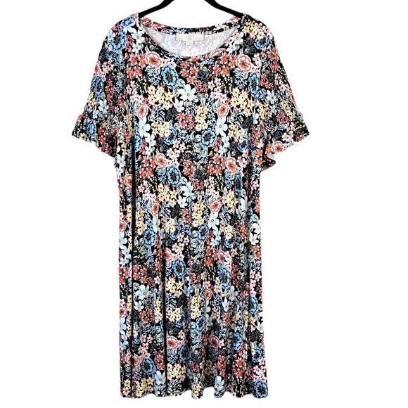 LOFT Plus Dress 14 Women's Multi Floral Cottagecore Smocked Sleeve Coastal NEW - Picture 1 of 10